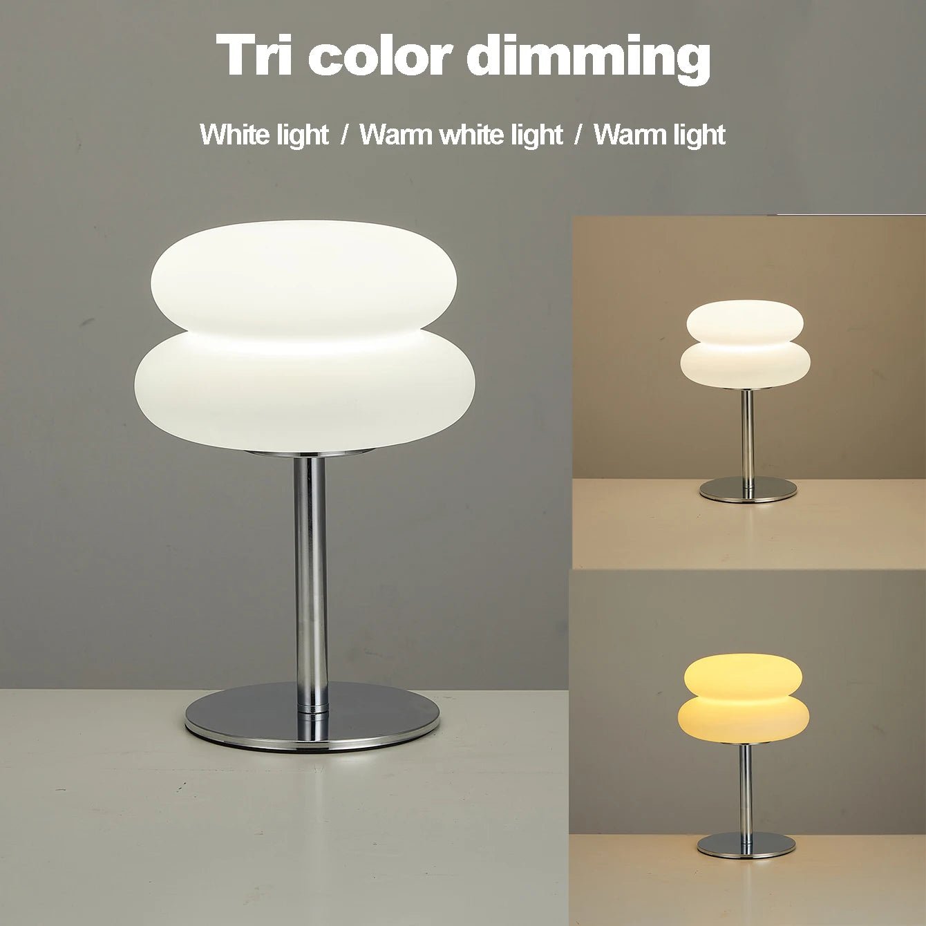 Table lamp with three color options displayed on a gray background