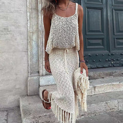 Knitted Camisole & Tasseled Skirt Set Women 2-Piece Casual Elegant Chic Fashion Outfit
