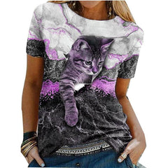 Cat Graphic Print T-Shirt Women 3D Animal Painting Round Neck Casual Everyday Fashion Tee