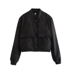 Bomber Jacket Women Pockets Short Casual Vintage Spring Fall Chic Outerwear Fashion Coat