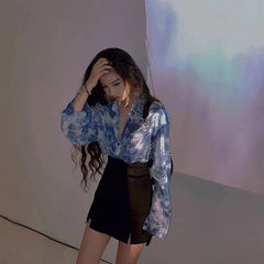 Tie Dye Shirt Women Loose Casual Sun-Protective Embroidered Transparent Casual Fashion Top