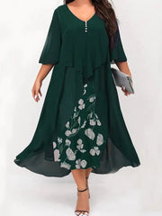 Plus Size Midi Dress Women V-Neck Floral Print Patchwork Faux 2-Piece Prom Wedding Evening Fashion