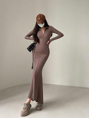 Long Sleeve Rib Knitted Fishtail Maxi Dress Women Tight Slim Zipper Elegant Fashion Dress