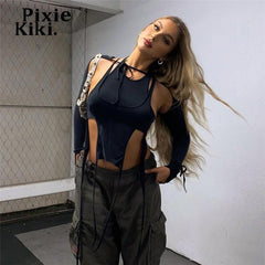 Hooded Crop Top Women Fairy Grunge Long Sleeve Y2K Strappy Asymmetric Streetwear Fashion