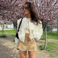 Bomber Jacket Women Button Baseball Aviator Cropped Long Sleeve Autumn Winter Casual Outerwear