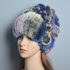 Rex Rabbit Fur Beanie Women Genuine Real Fur Striped Flower Warm Knit Winter Hat Cap