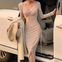 Long Sleeve Knit Midi Dress Women Elegant Square Neck Lace-Up Party Casual Fashion Dress