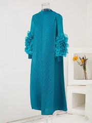 Long Sleeve Maxi Dress Women Pleated Round Neck Spliced Frill Elegant Casual Party Fashion Dress
