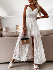 Maxi Dress Women Long Beach Spaghetti Strap Boho Sleeveless Hollow Out Floral Lace Party Summer