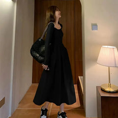 Vintage Square Collar Midi Office Dresses for Women with Pleated Long Sleeve Dress Pockets