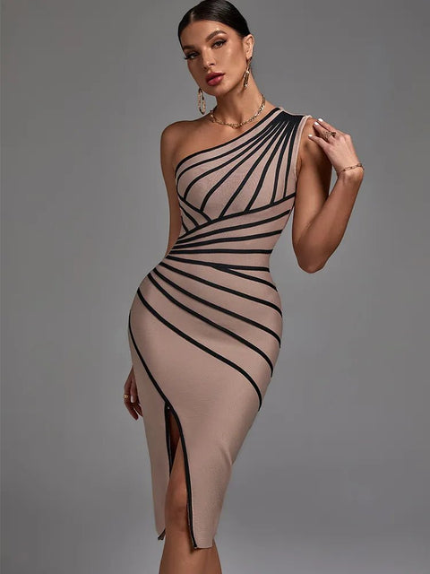 Midi Dress Women One Shoulder Bandage Elegant Bodycon Evening Party Club Fashion Dress