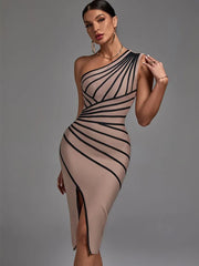 Midi Dress Women One Shoulder Bandage Elegant Bodycon Evening Party Club Fashion Dress