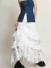 Midi Skirt Women White Irregular Tassel Tiered A-Line High Elastic Waist Layered Casual Fashion