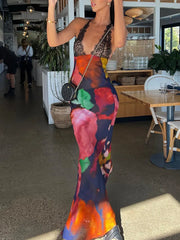 Elegant Tie Dye Floral Chiffon Dress Summer Sexy Women's Backless Lace Bodycon See Through Beach Party Maxi Dress