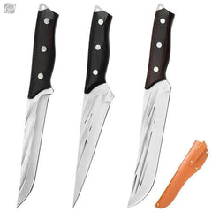 Three knives with black handles and a fourth knife with an orange sheath on a white background