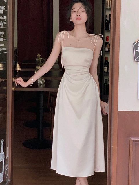 Satin Midi Dress Women Spaghetti Strap Elegant Wedding Evening Prom Spring Summer Fashion Dress