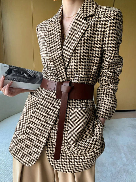 Blazer Women Vintage Wool Chic Casual Belt Jacket Coat Contemporary Outerwear Spring Autumn Fashion