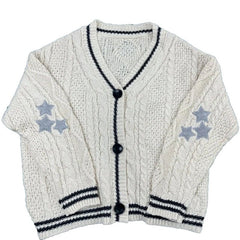 Star Printed Knitted Cardigan Women V-Neck Long Sleeve Casual Elegant Winter Fashion Sweater