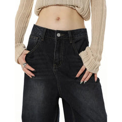 Jeans Women Navy Blue High Waist Vintage Wide Leg Baggy American Streetwear Denim Trouser Fashion