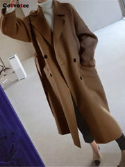 Wool Blend Coat Women Chic Button Urban Loose Solid Long Belted Elegant Winter Outerwear Fashion