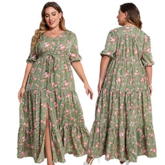 Plus Size Boho Maxi Dress Women Floral Print Loose Half Sleeve Split Hem Casual Summer Fashion