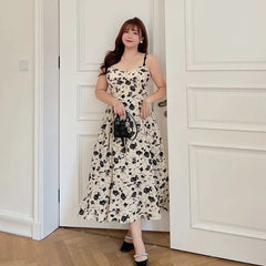 Midi Dress Women Plus Size Black White Floral Elegant Chic Casual Party Fashion Dress