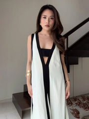 Maxi Dress Women Elegant Patchwork Loose Deep V-Neck Sleeveless Casual Summer Party Dress
