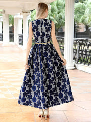 Maxi Dress Women Double Layer Floral Jacquard Sleeveless V-Neck A-Line Elegant Casual Summer Dress