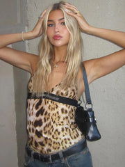 Leopard Print Slim Open Back Tank Top for Women V-Neck Stitch Slim Retro Camis Casual Y2K Streetwear