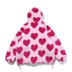 Faux Fur Jacket Women Pink Red Hearts Fleece Plush Hooded Cotton Padded Warm Winter Coat