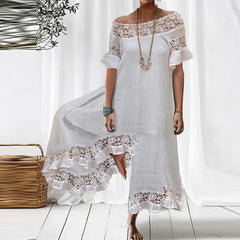 Elegant Women's Solid Cotton Linen Lace Jumpsuit Slash Neck Ruffled Fashion Patchwork Wide Leg Romper