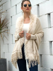 Faux Fur Shawl Women Winter Wrap Boho Fringe Oversized Poncho Cardigan Sweater Warm Casual Fashion