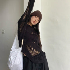 Gothic Hollow Out Knitted Sweater Women Pullover Casual Streetwear Grunge Fashion Top