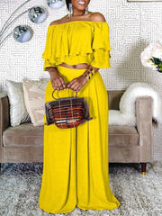 Plus Size Pant Set Women 2-Piece Off-Shoulder Crop Top Wide Leg Pants Elegant Party Casual Fashion