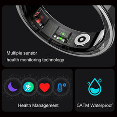 Product with health monitoring features and waterproof rating on a dark background