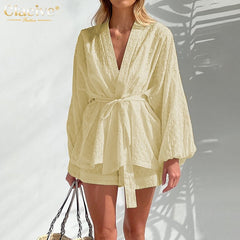 Long Sleeve Top & Shorts Set Women Elegant 2-Piece Casual White Home Suit Fashion Outfit