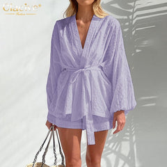 Long Sleeve Top & Shorts Set Women Elegant 2-Piece Casual White Home Suit Fashion Outfit