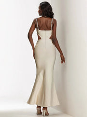 Evening Maxi Dress Women Beading Cut Out Diamond Beige Bandage Elegant Wedding Party Prom Long Dress