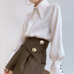 Satin Blouse Women Elegant Large Turndown Collar Long Sleeve Vintage White Yellow Autumn Winter
