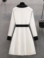 Knit Mini Dress Women Bow Tie Button Vintage Party Casual Elegant Fashion Sweater Dress