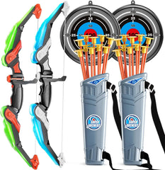 Toy archery set with bows, arrows, and targets on a white background