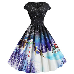 High Waist Print Midi Dress Women Casual Elegant Retro V-Neck Short Sleeve Holiday Fashion