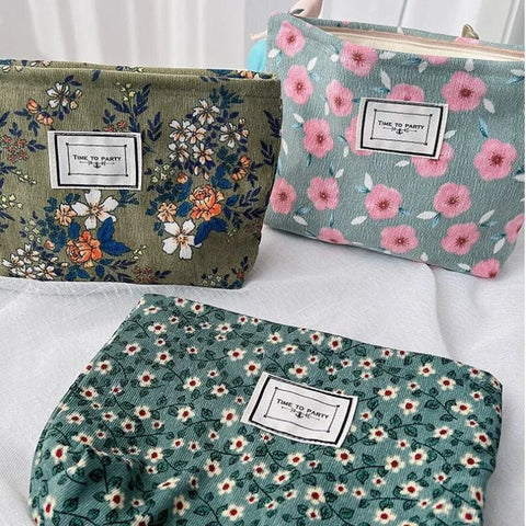 Makeup Bag Corduroy Retro Flower Print Organizer Clutch Cosmetic Travel Pouch Beauty Storage Case