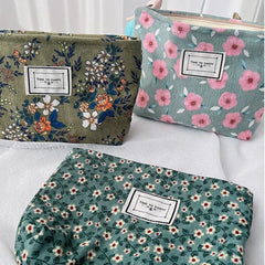 Makeup Bag Corduroy Retro Flower Print Organizer Clutch Cosmetic Travel Pouch Beauty Storage Case