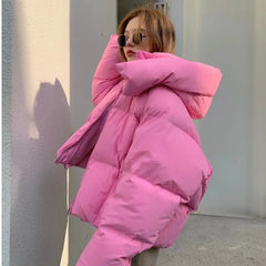 Quilted Jacket Women Fluffy Hooded Bread Down Thick Loose Short Puffer Warm Winter Coat Outerwear