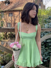 Mini Dress Women Solid Color Cutout Slim Sling Backless Ruffle Casual Summer Party Dress