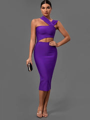Midi Dress Women Purple Bandage Bodycon Cut Out Waist Halter Neck Stretchy Elegant Club Evening Party