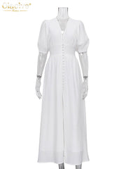 Puff Sleeve Maxi Dress Women White Elegant V-Neck Button Casual Party Wedding Guest Fashion
