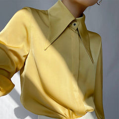 Satin Blouse Women Elegant Large Turndown Collar Long Sleeve Vintage White Yellow Autumn Winter