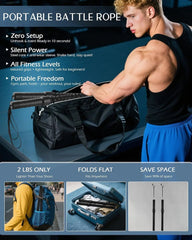 Man using a portable battle rope with product features highlighted
